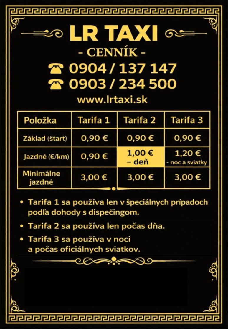 Cenník LR TAXI so sadzbami pre tarifu 1, 2 a 3.
